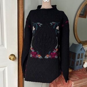 L.L. Bean Wool Black Sweater with Colorful Embroidery